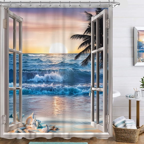 Ocean Beach Shower Curtain Turquoise Tropical Palms Island Through Seaside White Wooden Windows Sea View Summer Cloth Bathroom Accessories Home Decor Waterproof Fabric-48"W x 72"L (Pack of 1)