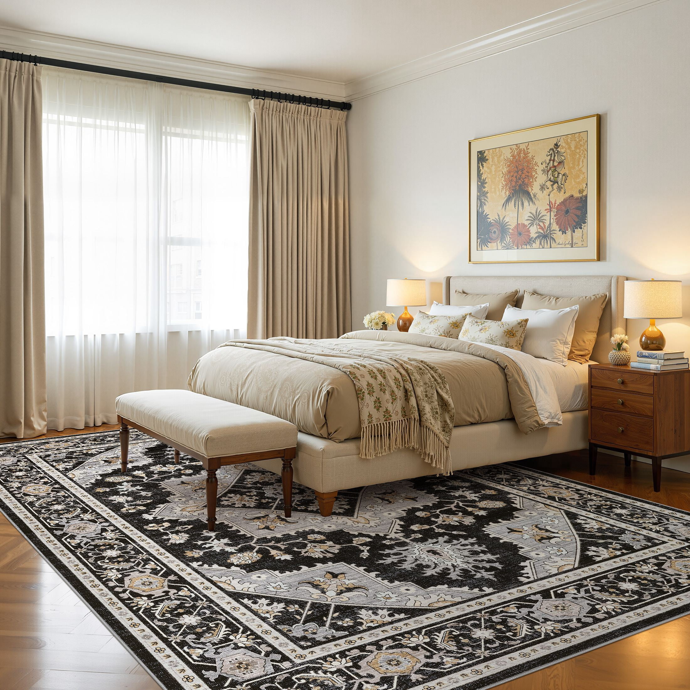 UERMEI 10'x14' Washable Large Area Rugs for Living Room, Vacuum friendly, Vintage Floral Boho Printed Carpet, Non Slip Indoor Rugs for Bedroom Home Decor Carpets, Black/Gray