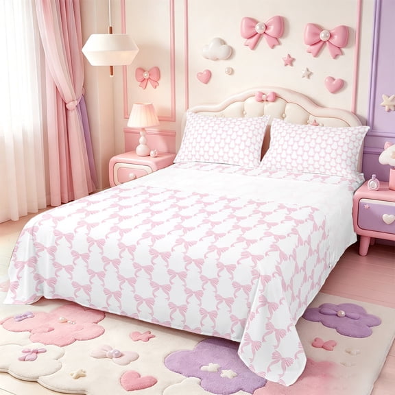 Manfei Minimalist Bow Bed Sheets,Dreamy Princess Bowknot Full Size Sheets,4-Piece,1 Flat Sheet,1 Fitted Sheet and 2 Pillowcases