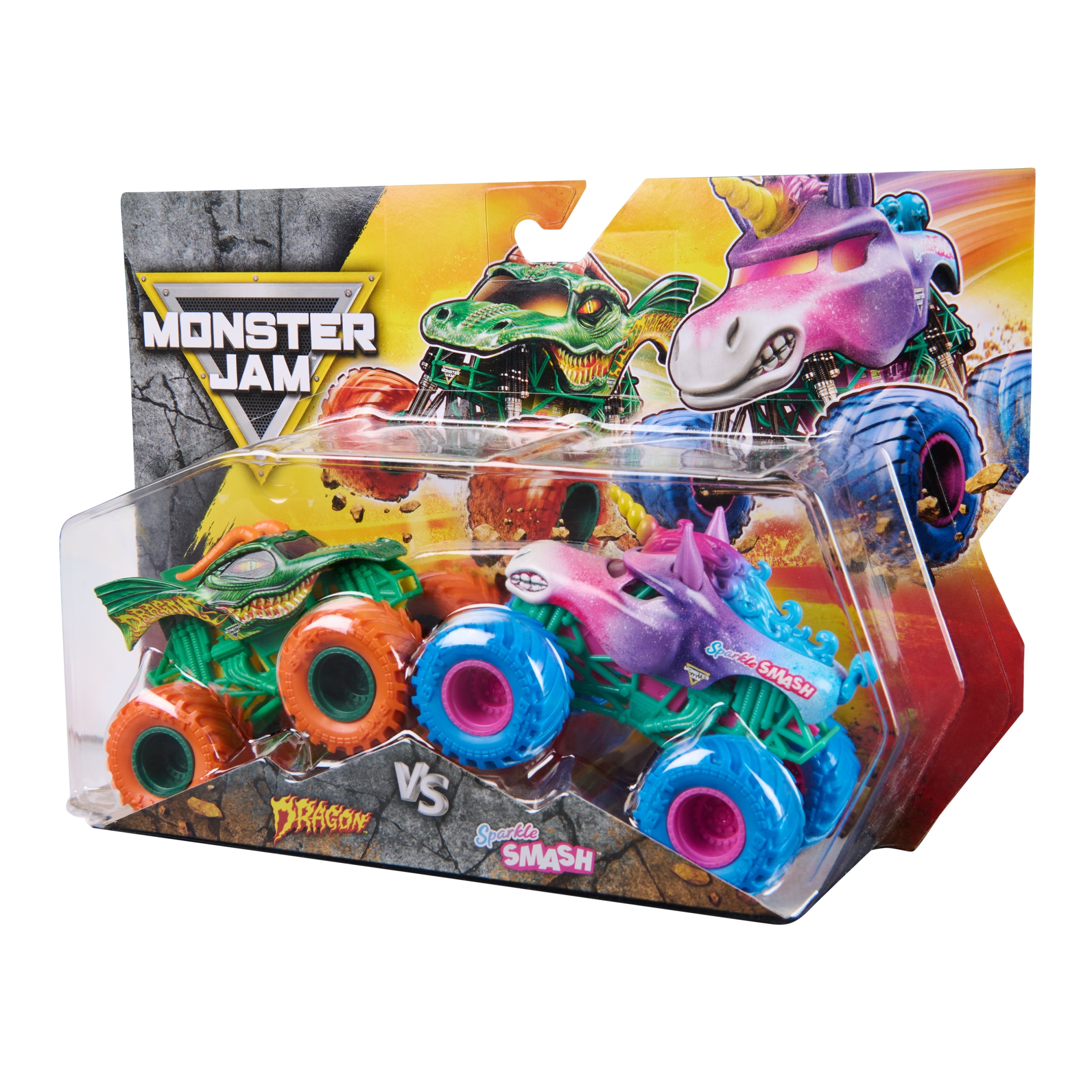 Monster Jam, Dragon Vs. Sparkle Smash Die-Cast Monster Trucks, 1:64 Scale, Kids Toys for Boys Ages 3 and up