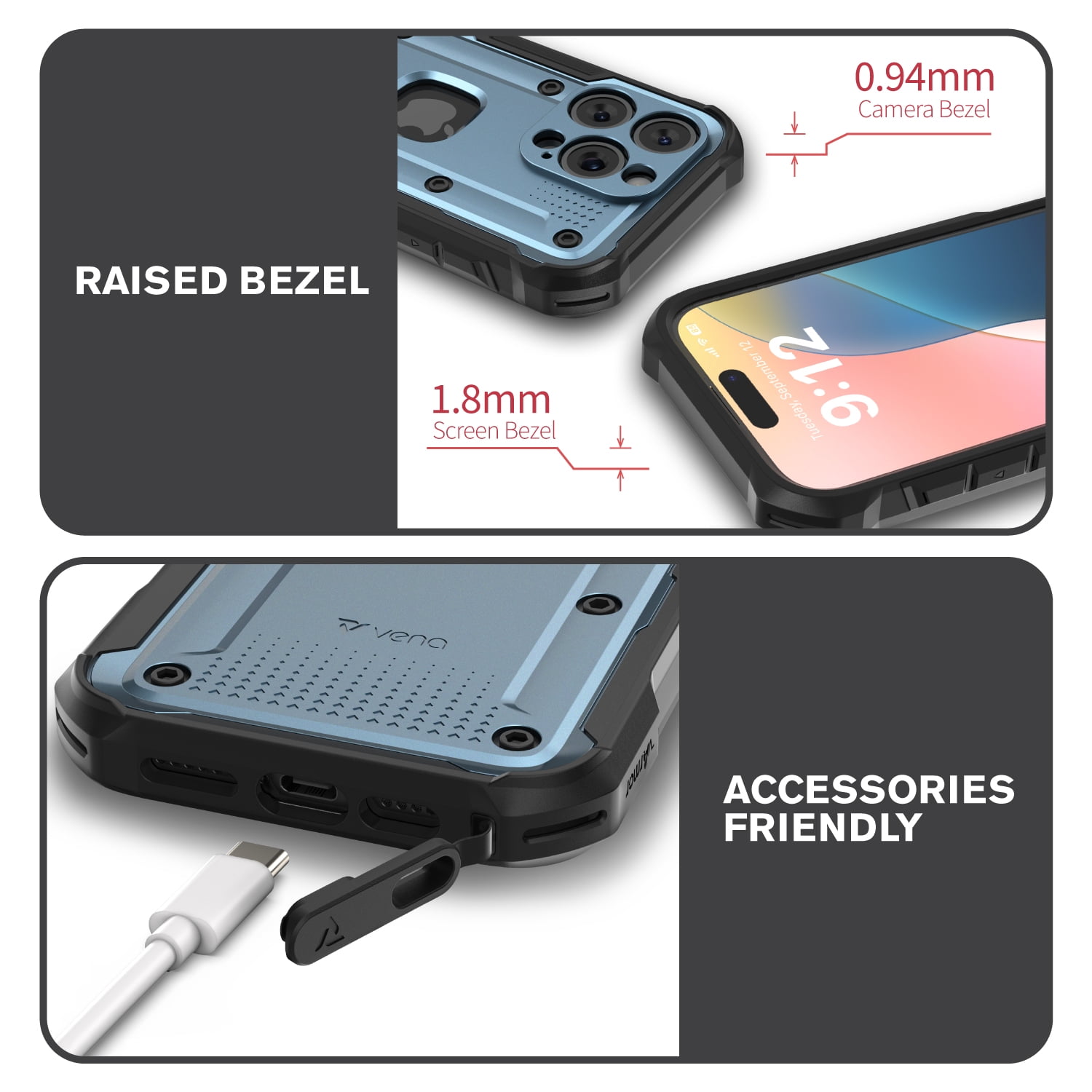 VENA vArmor Rugged Case for Apple iPhone 16 Pro (6.3"), (Military Grade Drop Protection) Magsafe Compatible and Heavy Duty Holster Belt Clip Cover with KickStand - Slate Blue / Black