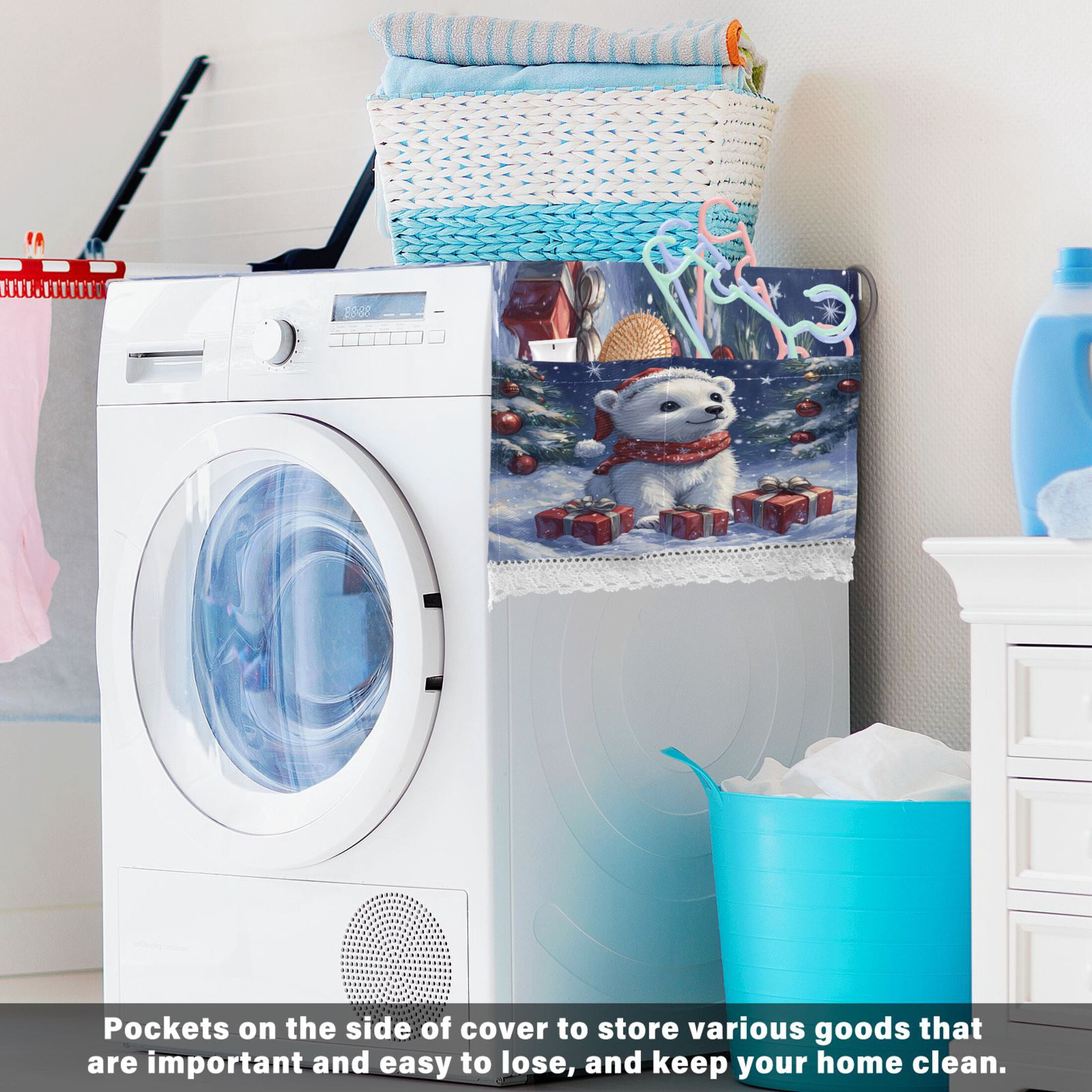 A Cute White Polar BearWasher and Dryer Covers Dust-Proof and Oil Resistant Fridge Cover with 4 Storage Pockets Washing Machine Top Cover for Laundry Kitchen Home 51.2 x 22 In