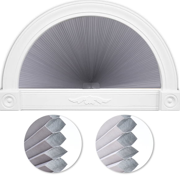 LUCKUP Arc Fenêtres Nuances Demi-Cercle Stores Plissés Cellulaires Double Couleur Semi Circulaires Fenêtres en Nid d'Abeille Rideaux pour Demi-Lune Fenêtres Rondes, Coupe Facile et Installer 24 "x72", Gris-Blanc