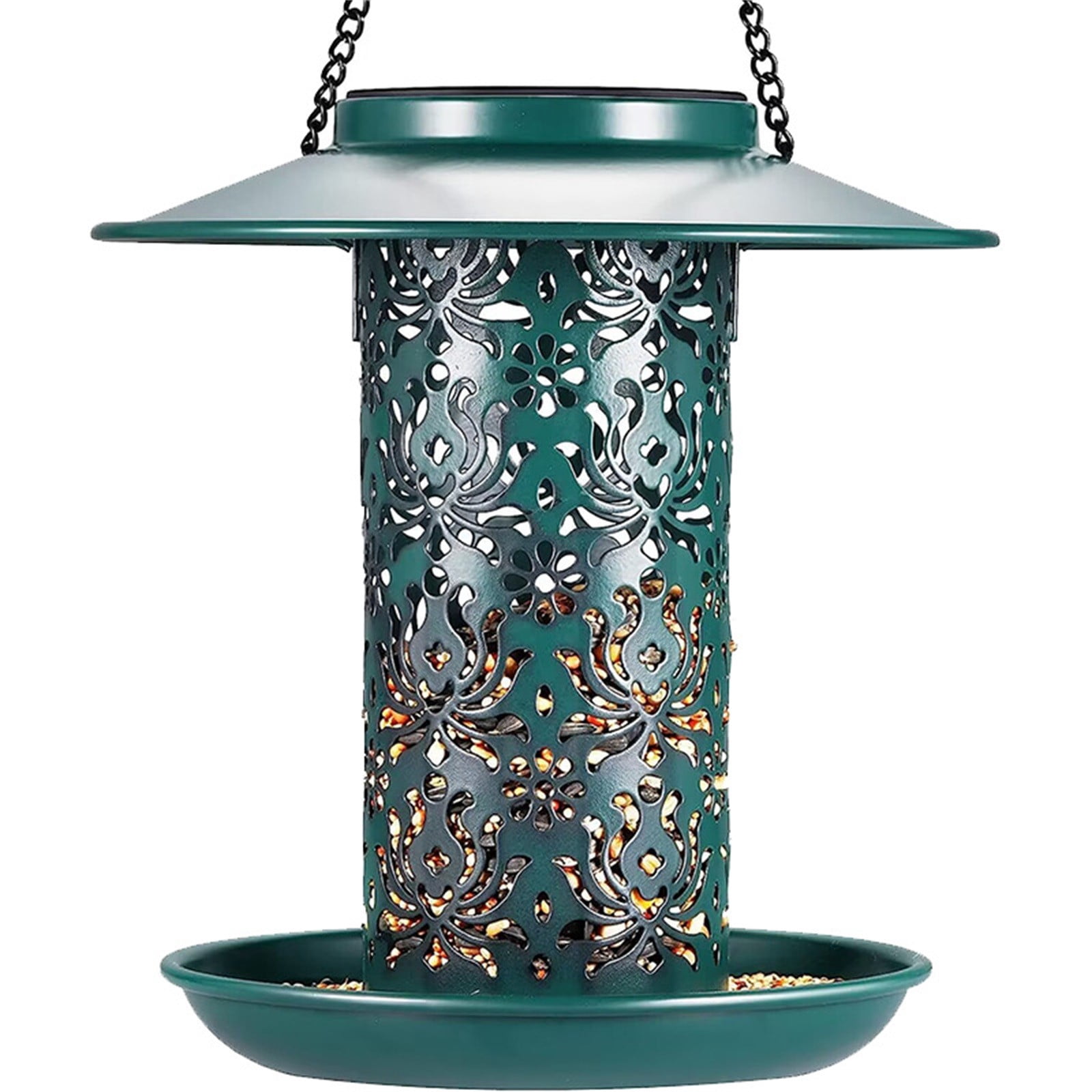 ERTZAE Solar-Powered Metal Hanging Bird Feeder,Vintage Vine Pattern Night Light Projection Outdoor Bird Feeder,Waterproof Metal Garden Bird Feeder,Automatic Decorative Bird Feeder Gift