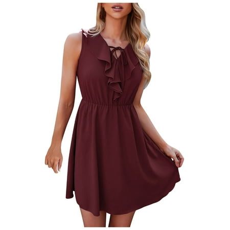 

Dress for Women 2022 Plus Size Dress for Women Fashion Women Summer Casual Loose Fit Sleeveless Ruffles Dress Savings Clearance Dress Pants Women Sequin Dress for Women Red L