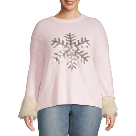 Holiday Time Women's Plus Size Holiday Sweater with Faux Fur Cuffs