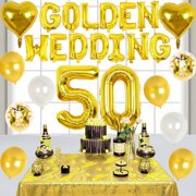 50th Wedding Anniversary Decorations, Golden Wedding Balloon Banner, Number 50 Foil Balloons, Anniversary Cake Topper Decor for 50th Anniversary Party Decorations Supplies