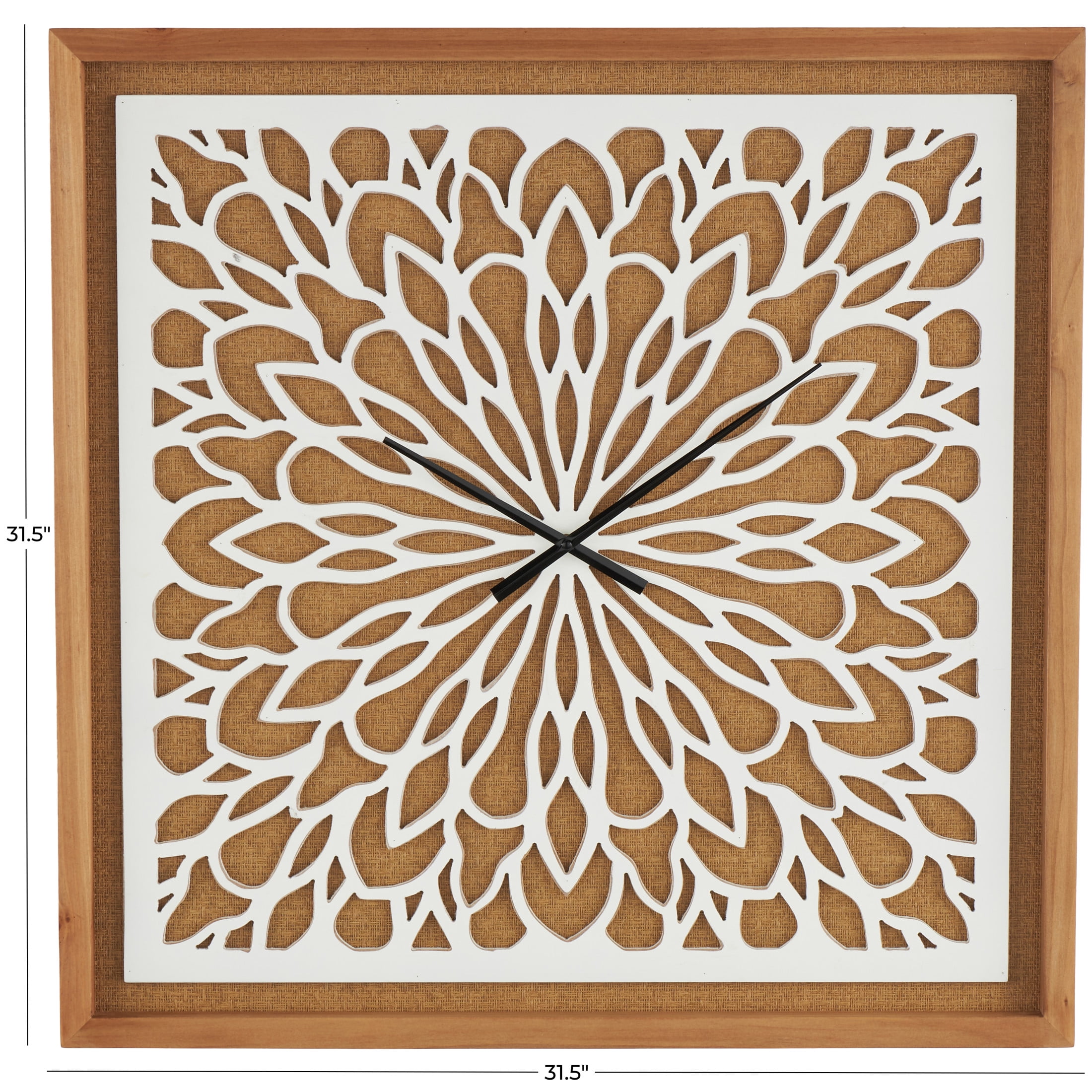 DecMode 32" Brown Wood Floral Wall Clock with White Cutout Board