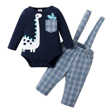 

NZRVAWS Baby Boys Winter Outfits 6 Months Baby Boys Dinosaur Print 9 Months Baby Boys Pocket Romper Top Plaid Print Straps Suspender Pant 2Pcs Winter Clothes Set Blue