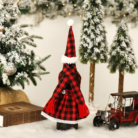 

Christmas 2PC Plaid Skirt Wine Bottle Cover Bar Table Atmosphere Layout Decoration Decorations Tree Lights Set Accessories
