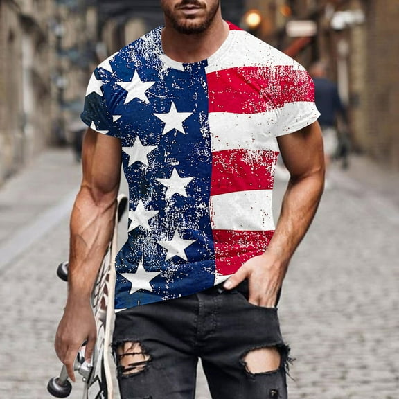 Shirts for Men under $5 Independence Day Printing Short Sleeve Round Neck Pullover Men's T-Shirt Shirts for Men Blue XL