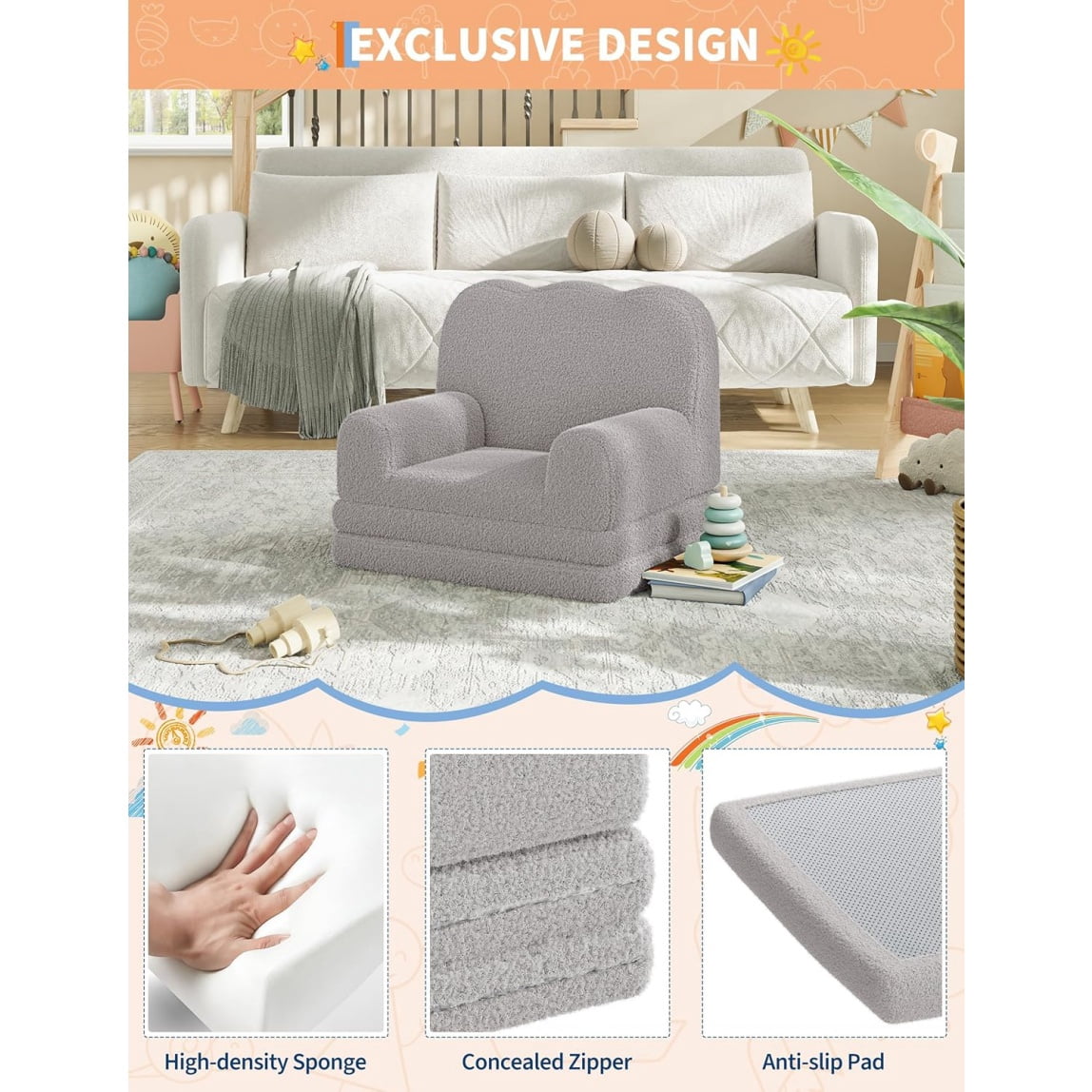 Home Kids Couch, 2-in-1 Convertible Toddler Sofa Chair, Soft Fold Out Couch Lounger for Kids, Comfy Children's Sofa Bed for Playroom