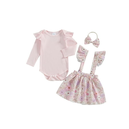 

Bagilaanoe 2Pcs Newborn Baby Girls Overalls Dress Set Long Sleeve Romper Tops + Floral Suspender Skirt + Headband 3M 6M 12M 18M 24M Infant Casual Clothes
