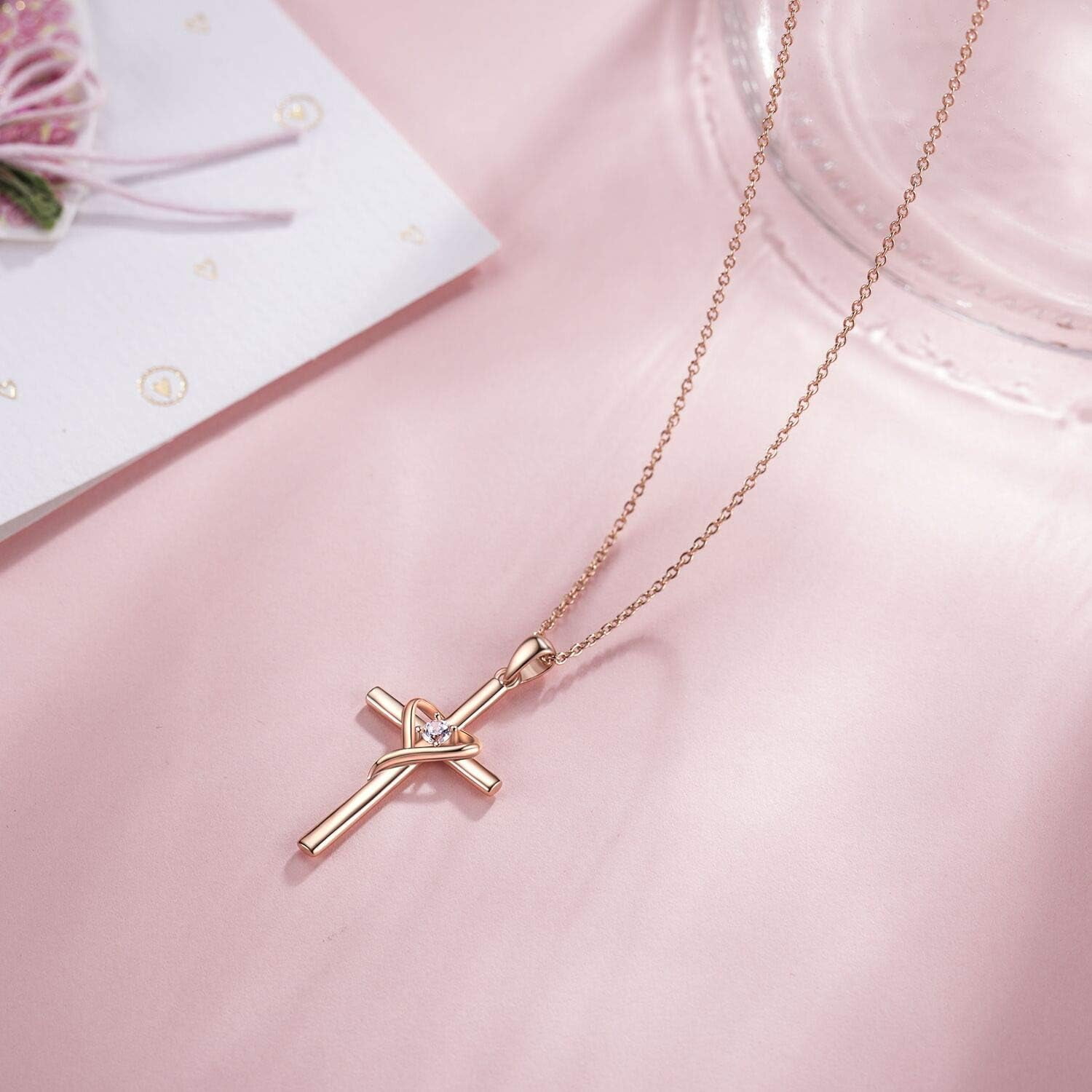 Leander 925 Sterling Silver Cross Necklace for Women Men 5A CZ Birthstone Necklaces 14K Gold Plated or Rose Gold Necklace for Easter or Mother's Day