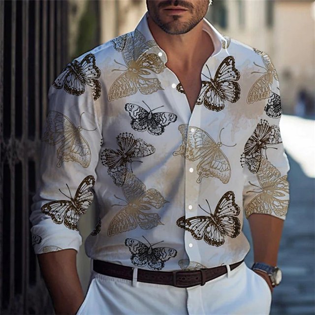 Camisa de manga larga con estampado de mariposas para hombre, tela cómoda, informal, para fiestas al aire libre, nueva