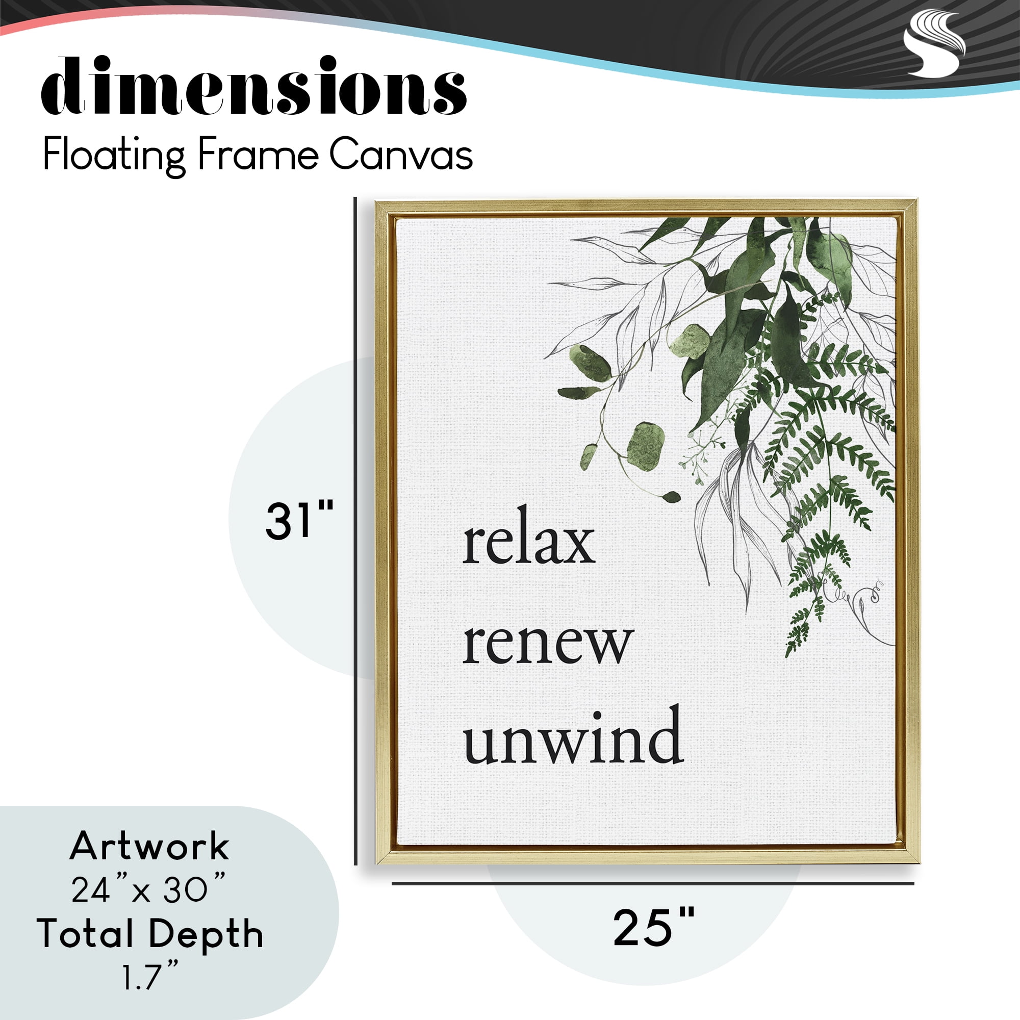 Relax Renew Unwind with Foliage Gold Framed Floater Canvas Wall Art, design by Lettered and Lined