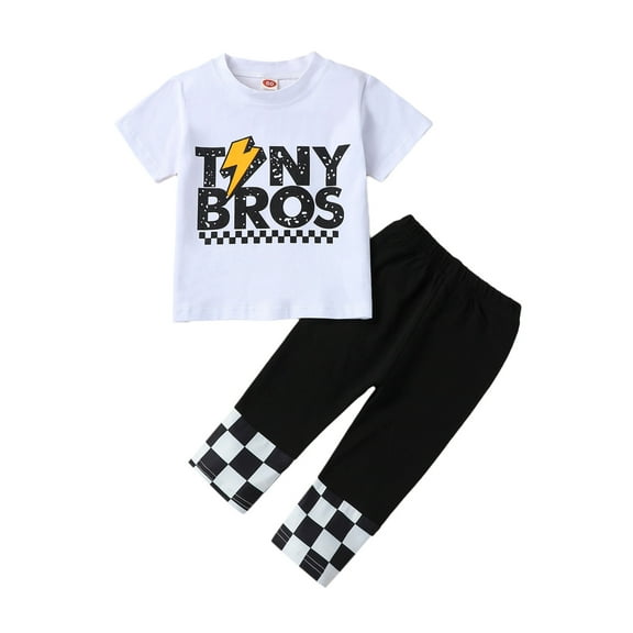 Wassery 2Pcs Baby Boy Clothes 9M 12M 18M 24M 2T 3T 4T Toddler Boys Summer Outfits Short Sleeve Letter Print Tops Checkerboard Pants Set
