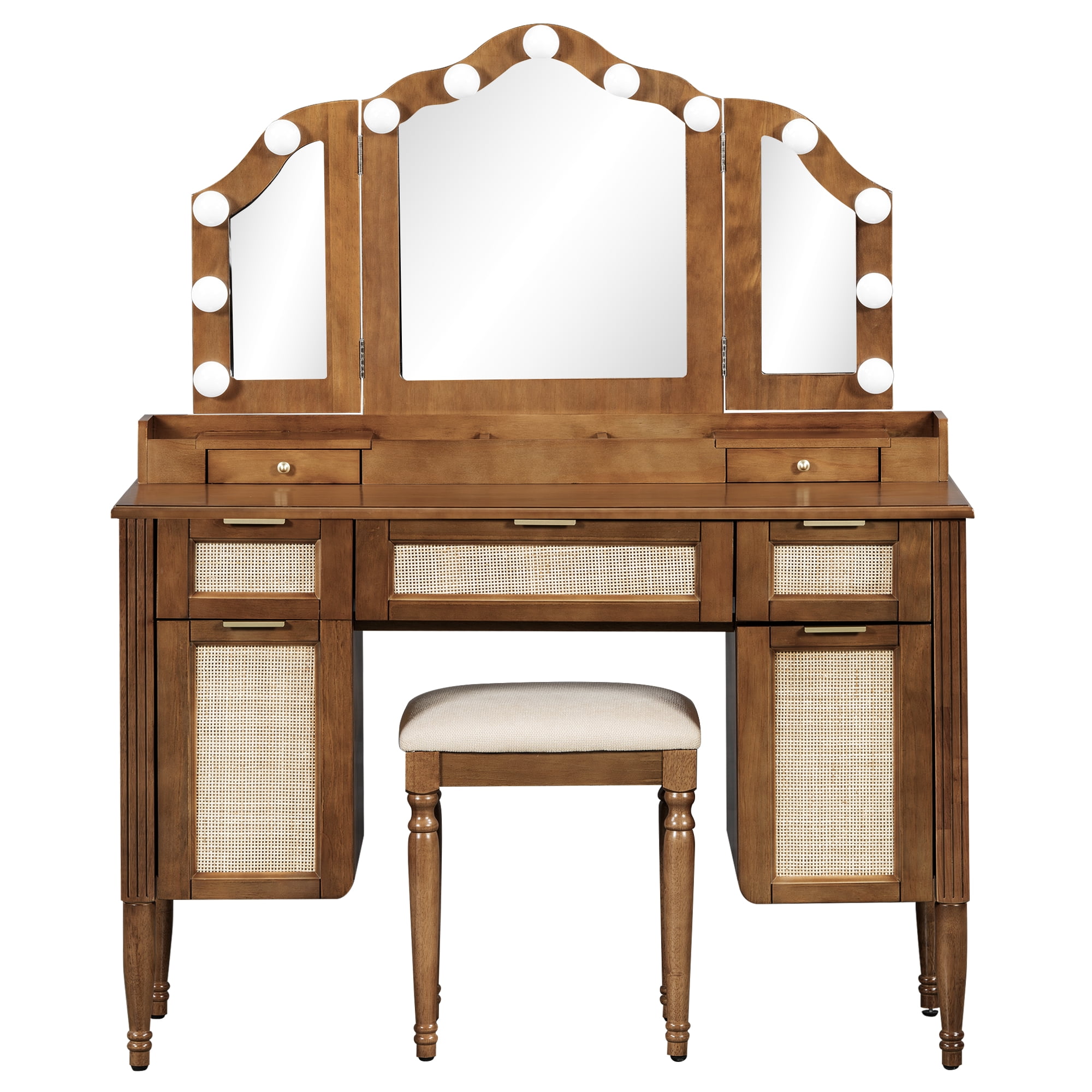 Aukfa Luxury Makeup Vanity Set with Tri-Fold Mirror & Lights, Large Vanity Desk with 5 Drawers, Tool and Built-In Outlets,Espresso