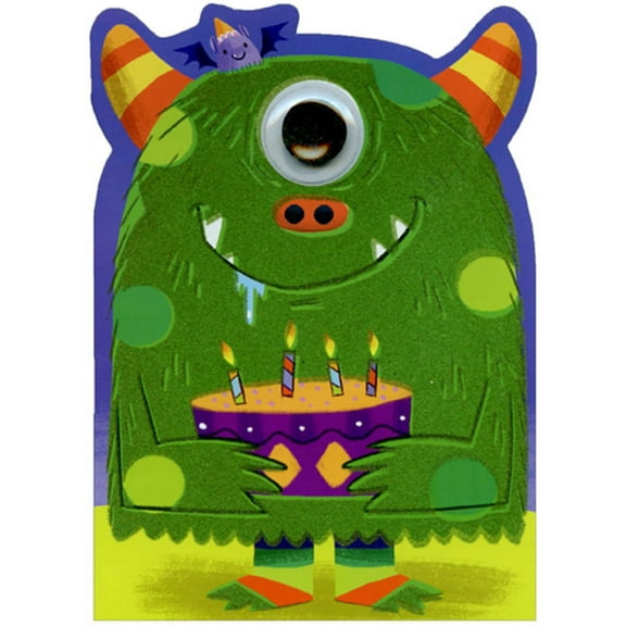 Paper House Productions Green Googly Eye Monster with Flocked Surface Birthday Card For Kids