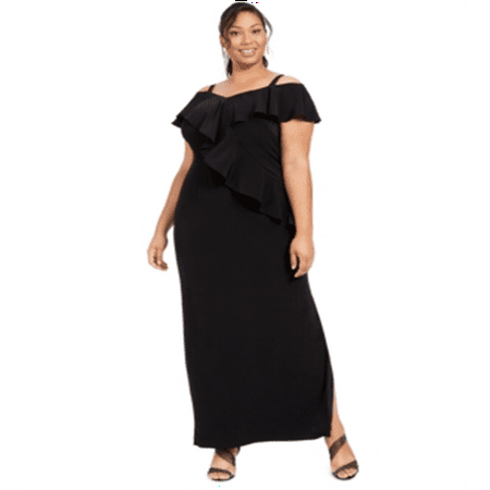 Adrianna Papell Women's Plus Ruffled Cold Shoulder Gown Black Size 20