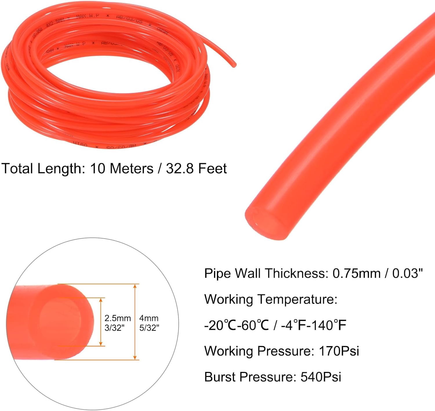 MKEUDQ-Pneumatic Tubing Pipe Pu Hose 4mm OD x 2.5mm ID 10 Meters(32.8 FT) Air Compressor PU Polyurethane Line Hose Tube for Air Compressor Water Fluid Transfer, Red