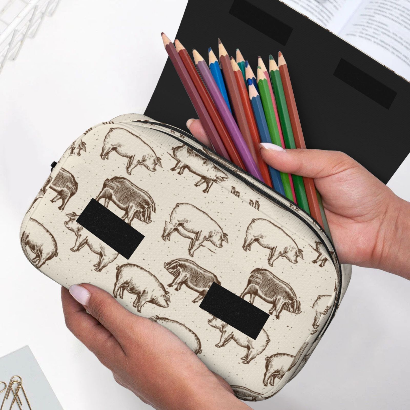 Rateoe Vintage Farm Pigs Pattern Double Clamshell Pen Case, Storage Organizer with Two Zipper Compartments– Holds Up to 50 Pencils & Pens