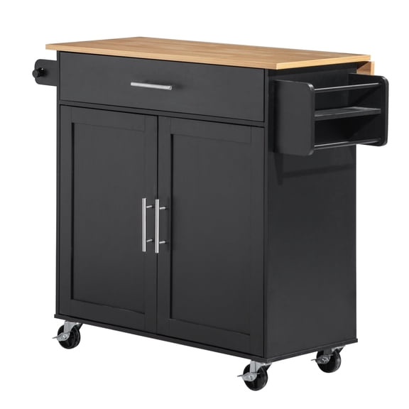 KFFKFF Kitchen Island Cart with Storage, 42.28 in Wide Rolling Storage Unit on Swivel Wheels, Featuring Drawer, Cabinet, Drop Leaf, Spice Rack, and Table for Home Dining Room, Black