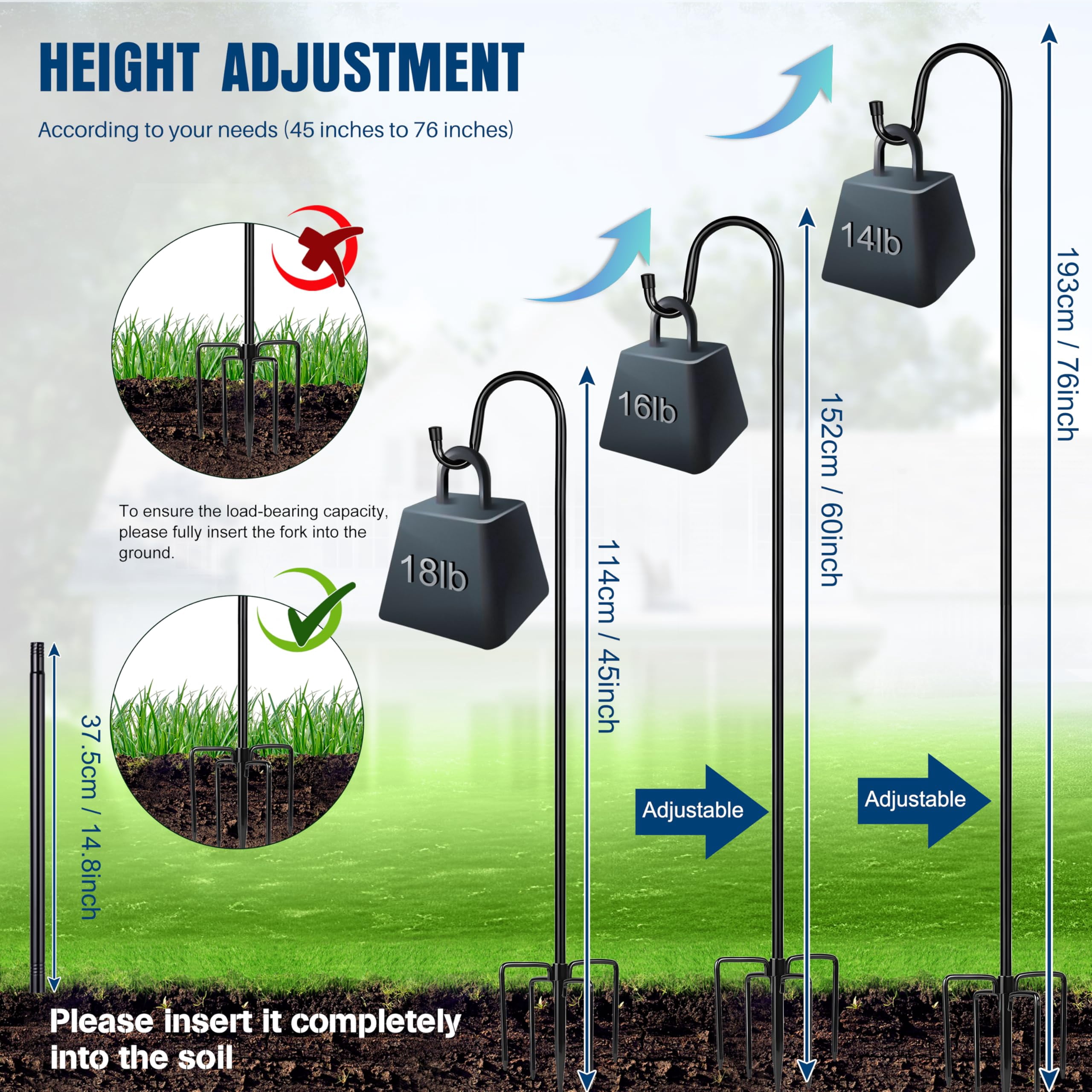 Shepherd Hooks With 5 Prongs Base For Outdoor - 76 Inch Adjustable Bird Feeder Pole Outside Hanging  Garden Hummingbird Plant Baskets Solar Light Lanterns Wedding Decor (1 Pack)