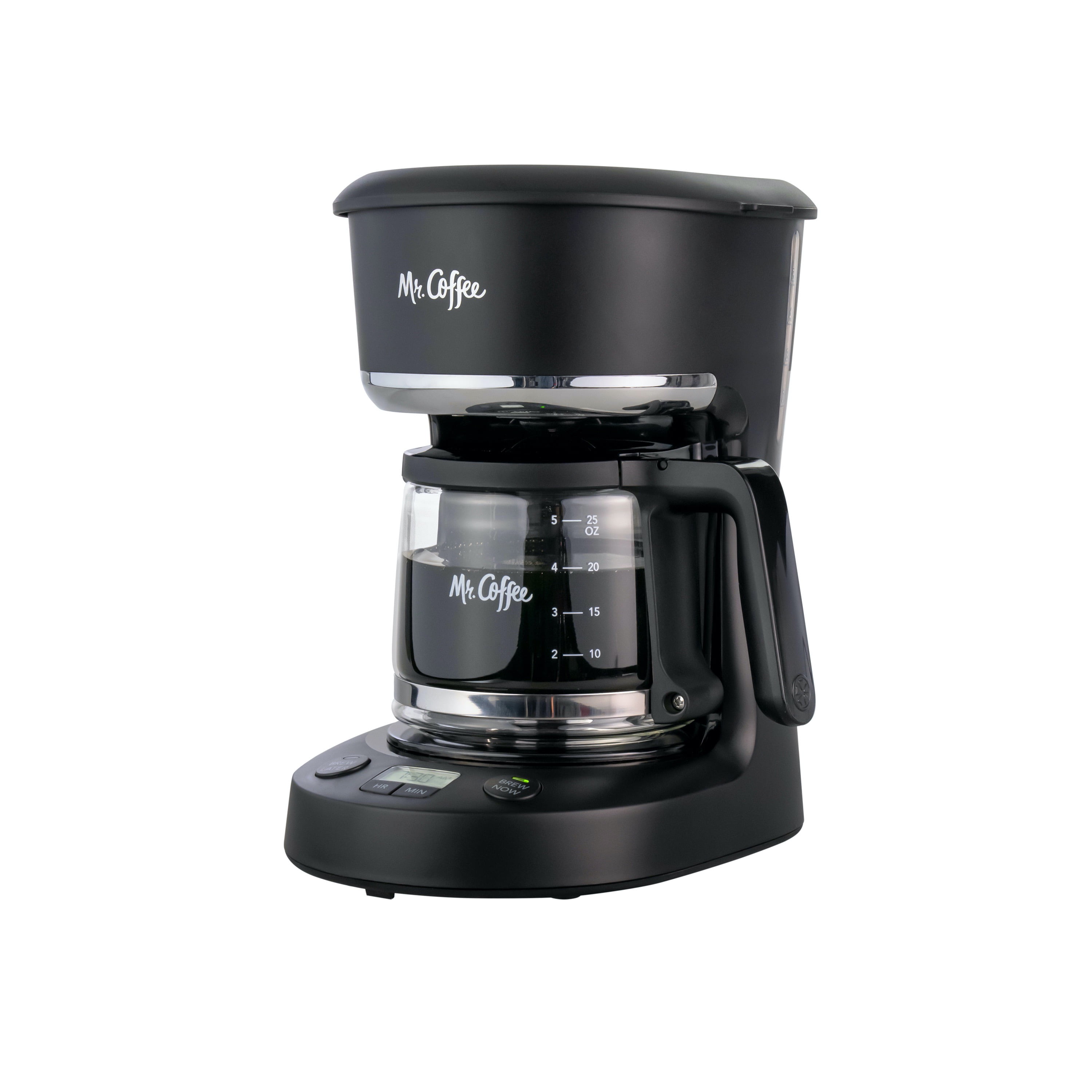 Mr. Coffee 5-Cup Programmable Coffee Maker, 25 oz. Mini Brew, Brew Now or Later, Black & Chrome