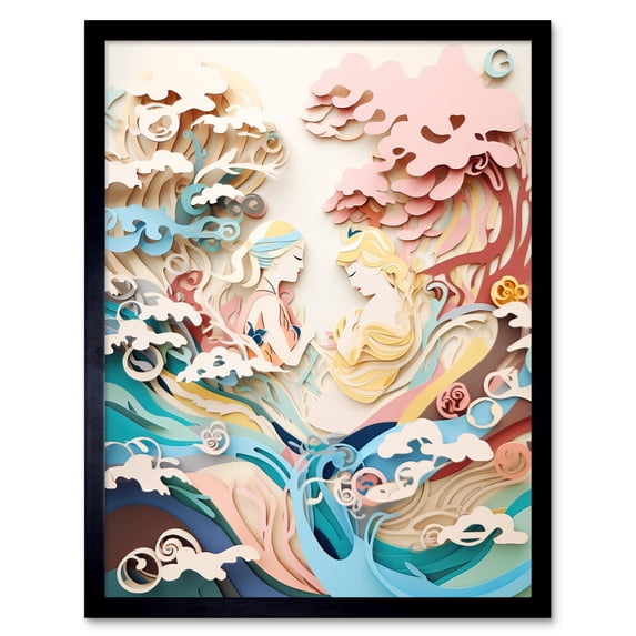 Sirens in Sea Waves Pastel Colour Paper Kirigami Art Print Framed Poster Wall Decor 12x16 inch