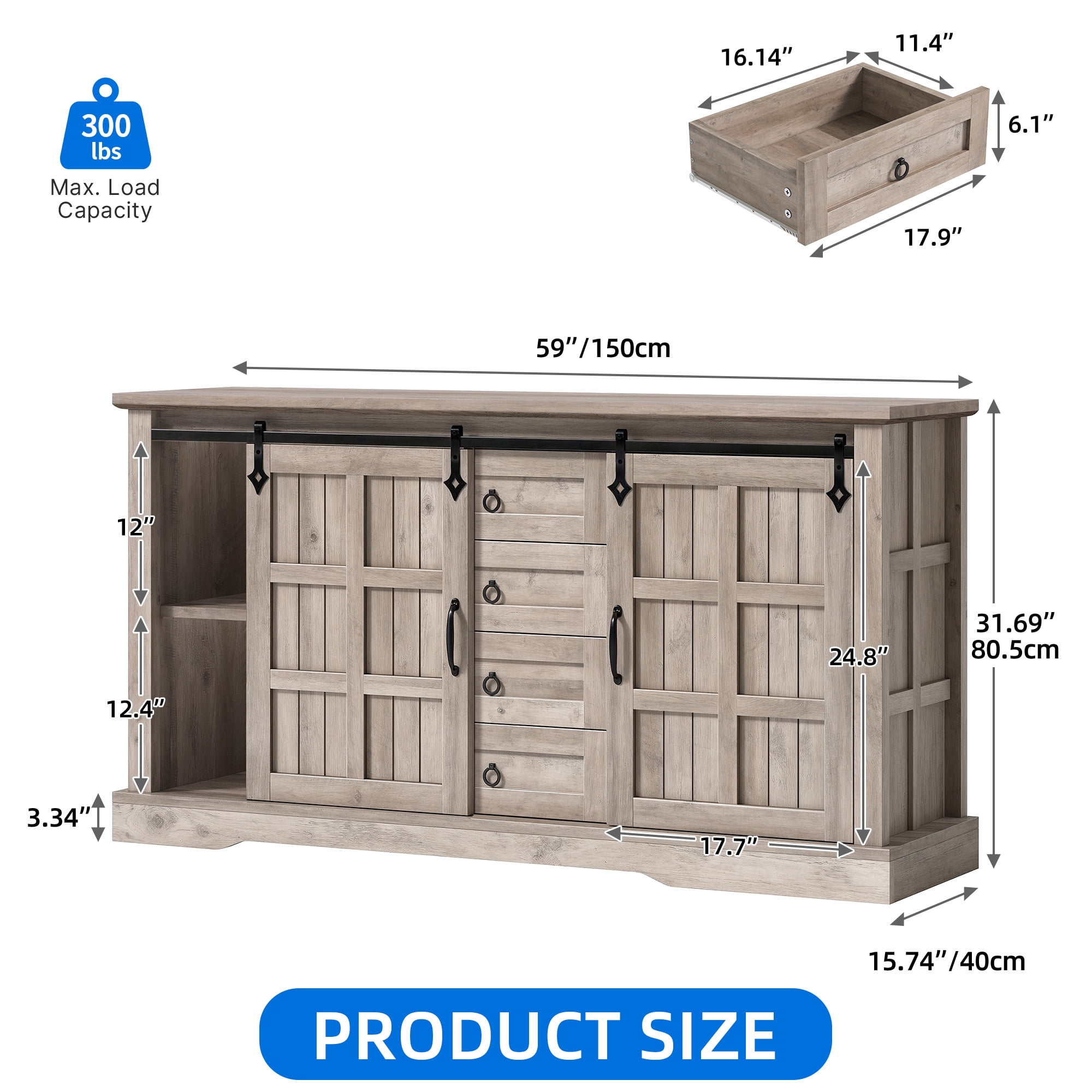 Uforic 59" Farmhouse Sideboard Cabinet, Kitchen Storage Buffet Cabinet with Doors & Drawers & Adjustable Shelves, Wash Gray