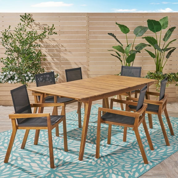 GDF Studio Jenning Outdoor Mesh and Acacia Wood 7 Piece Dining Set, Teak and Black