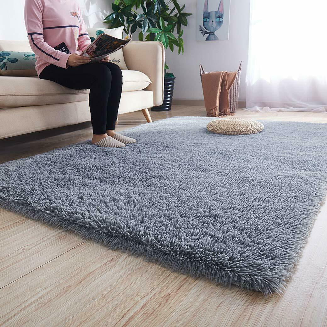 Light Silver Grey Soft Modern Thick Shaggy Cheap Large Small Living Room Rug Mat 