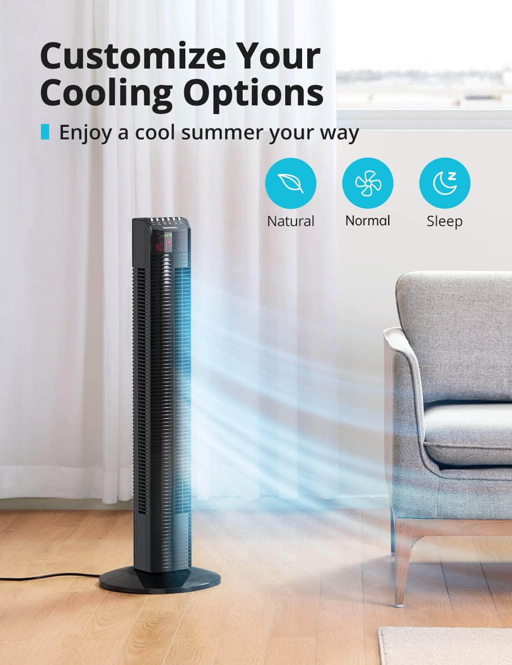HOMECH 36" Oscillating Tower Fan 3-Speed Floor Fan Bladeless Tower Fan with Remote Control, Timer, and Large LED Display, Black