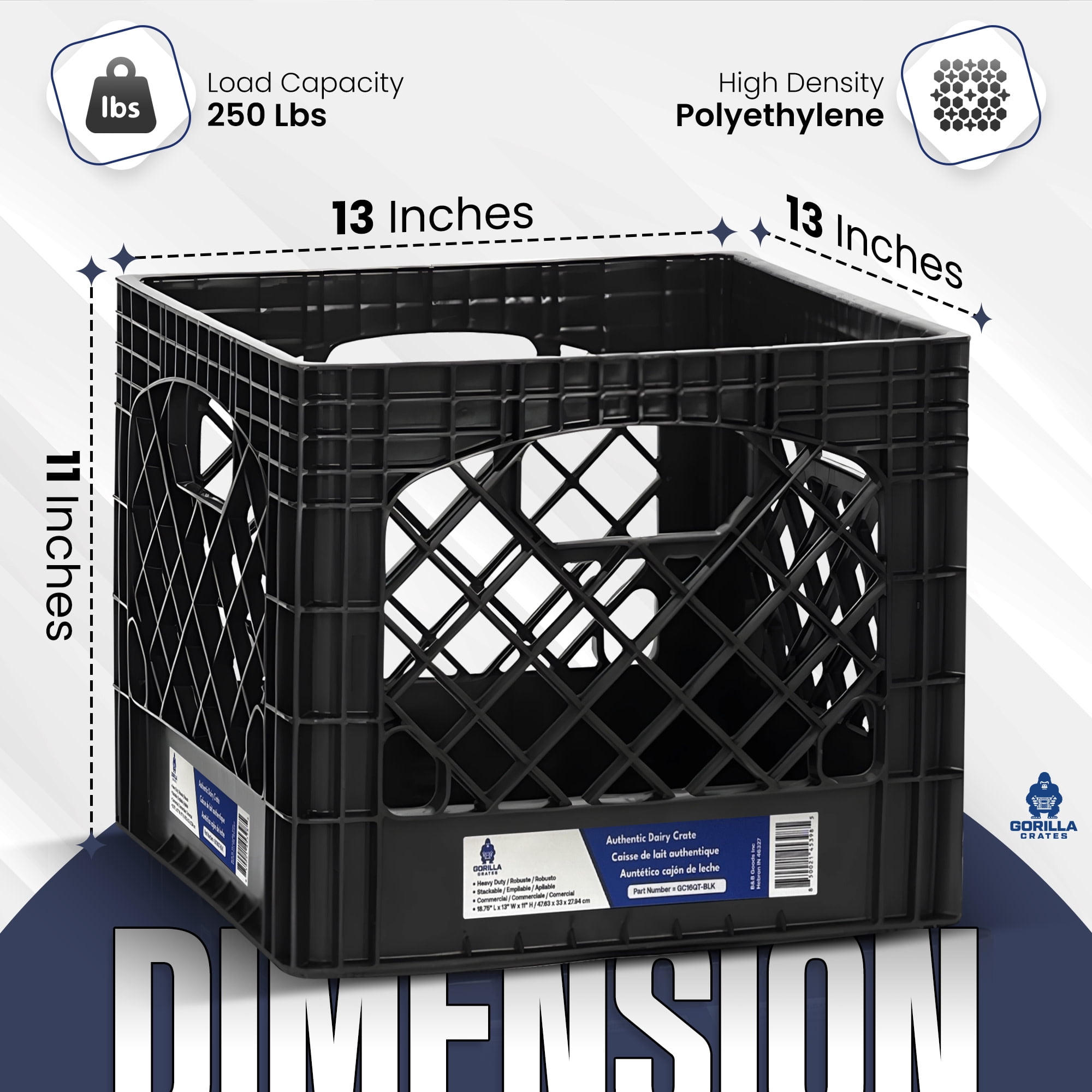 Gorilla Crates: Milk Crate: 16 Qt - Black - 13x13x11" Multi-Purpose Storage Solution, Stackable Organization, Heavy-Duty Plastic Bin, Built-In Handles