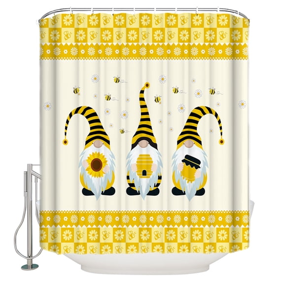 Sweet Gnomes Shower Curtain, 36" x 72", Bee Daisy Yellow Plaid Waterproof Bathroom Curtain Washable Shower Curtain Set with 12 Hooks
