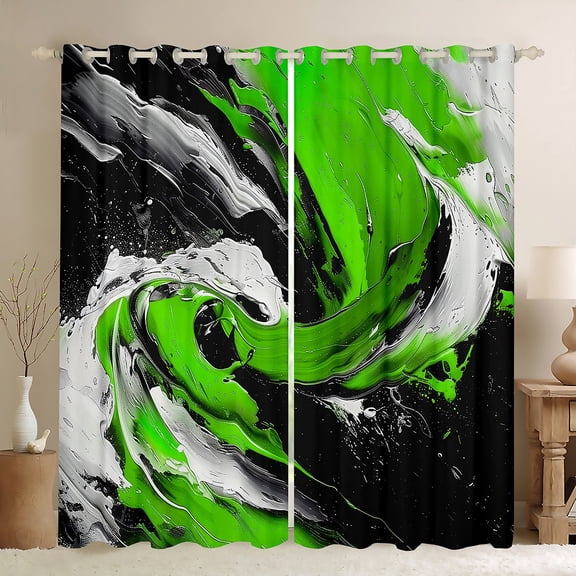 Feelyou Artwork Geometric Curtains Pack of 2 (42x84 Each) for Adult, Retro Oil Printing Curtains Blackout, Black Green Abstract Bedroom Curtains, Blackout Curtains Bedroom Decor