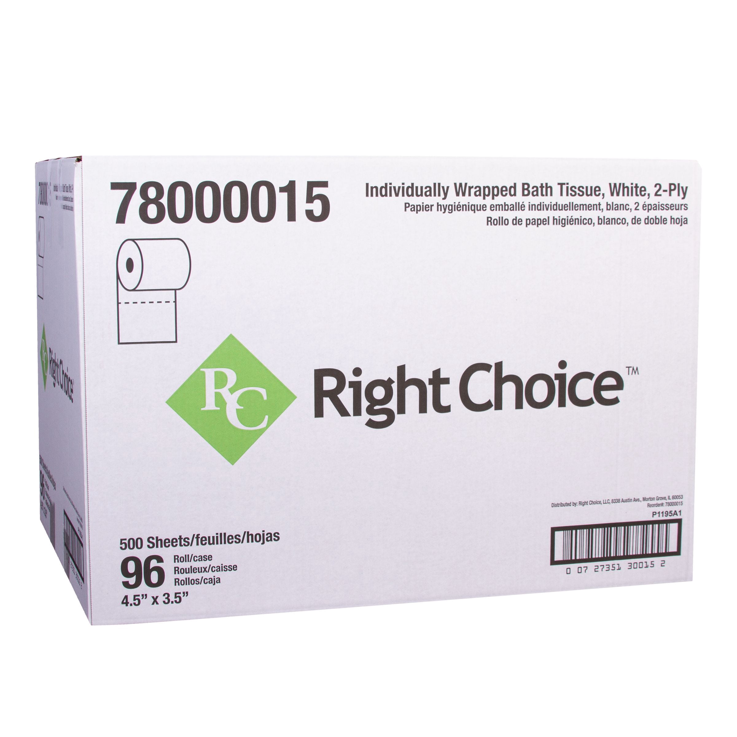Right Choice White 2 Ply Paper Toilet Tissue, 4.5 x 3.5 inch, 500 sheets per roll -- 96 per case