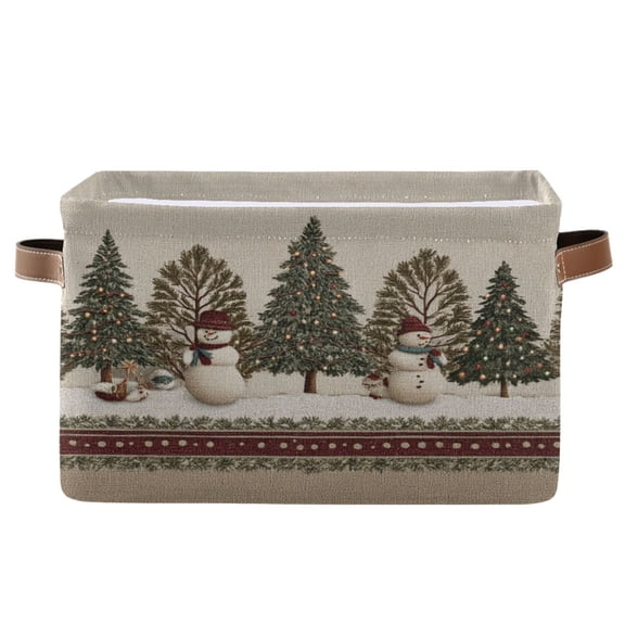 1-Pack Square Closet Organizers with Handles Open Basket Bins Snowmen and Deer in The Forest Storage Basket for Home Office