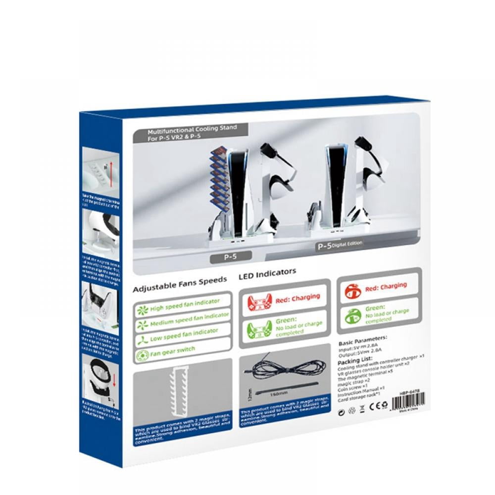 PS5 Stand with Cooling Station and Dual Controller Charging Station, PS5 Disc Version, PS5 Cooling Fan with Headset Holder & PSVR2 Holder and 3 Adjustable Fan Speeds