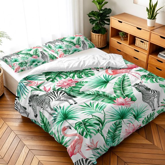 Queen Size 3 Pieces Duvet Cover Sets Pink Flamingo Green Leaf Bedding Set,Microfiber Soft Comforter Cover with Pillow Shams,Luxury Quilt Covers for Bedroom Decor Tropical Flower Plant