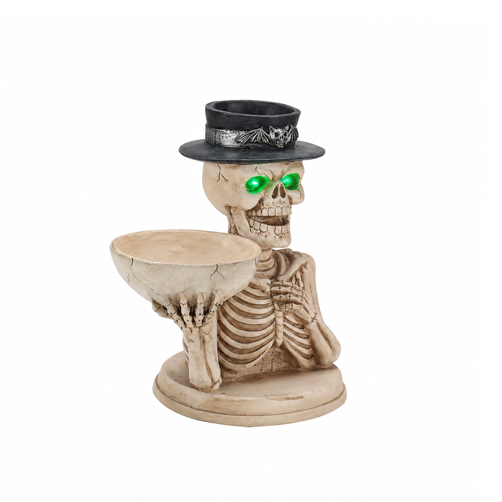 Skeleton Figurine 11.81 Inch, Halloween Storage Bowl and Candle Holder with Glowing Eyes, Spooky Indoor Decor for Home and Party, White and Black