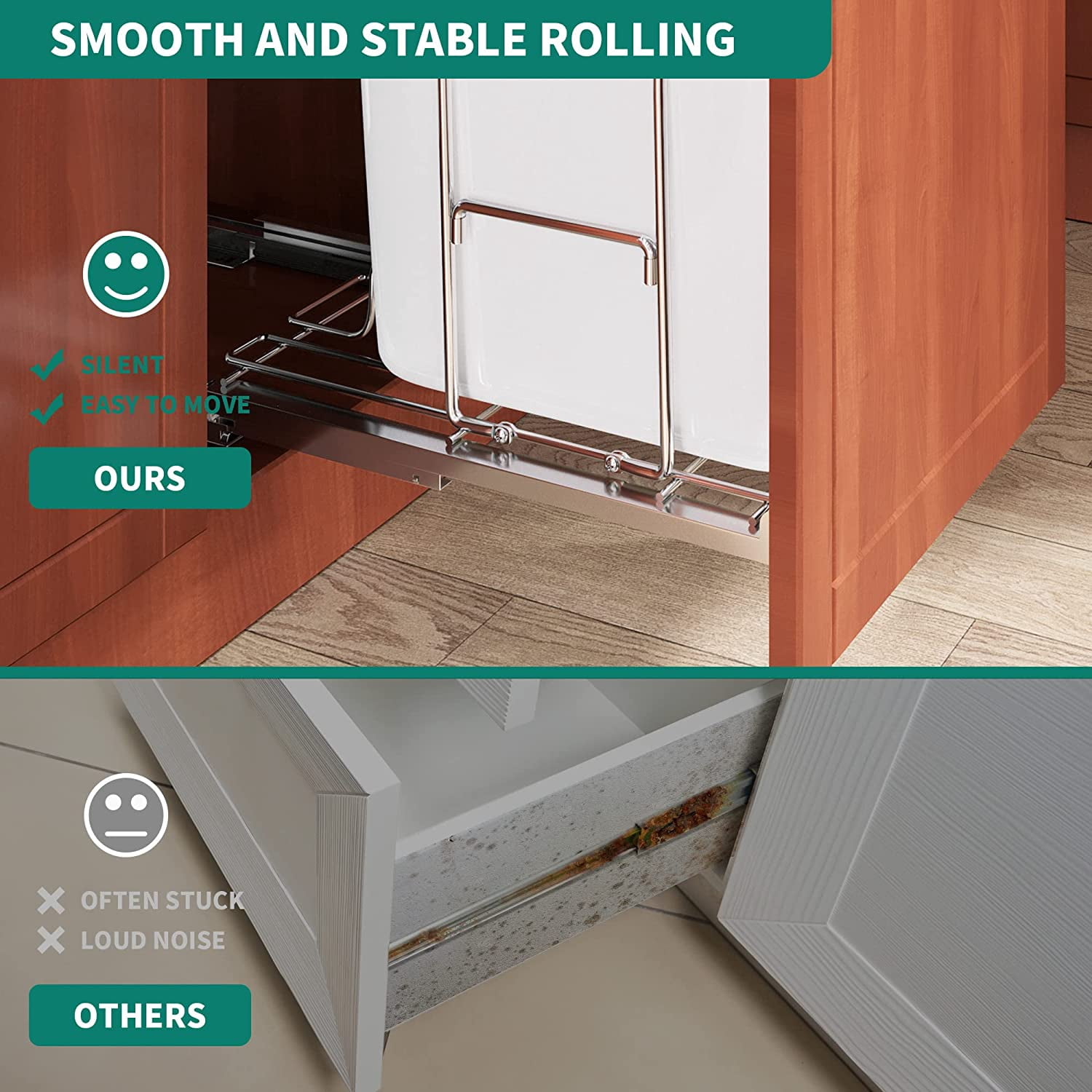 Dextrus 43 Qt/13 Gallon Pull-Out Trash Can Recycling Bin with Lid, Sliding Under Mount Kitchen Waste Garbage Container with Silent Slides, White