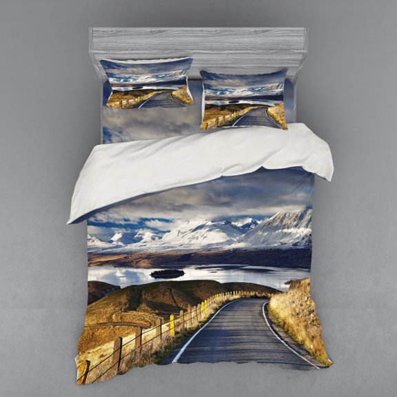 Ambesonne Scenery Bedding Set 4 Pcs, River Snowy Mountain, Queen, White Blue Yellow