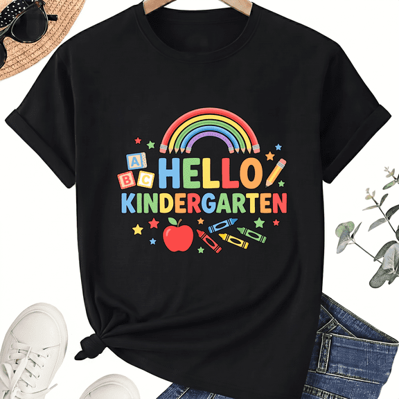 Hello Kindergarten Teacher Graphic T-Shirt, 100% Cotton Unisex Crew Neck Short Sleeve