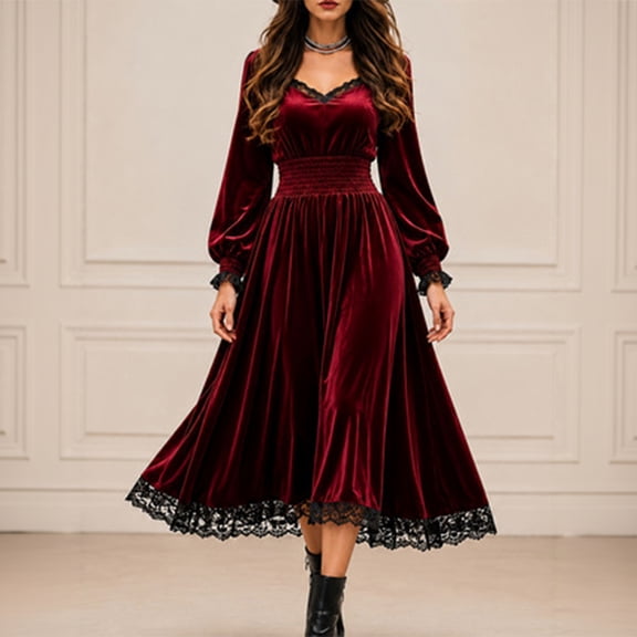Women's Renaissance Dress Velvet Evening Gown, V-Neck Long Sleeve Medieval Dress with Lace Panel Detailing Wine S