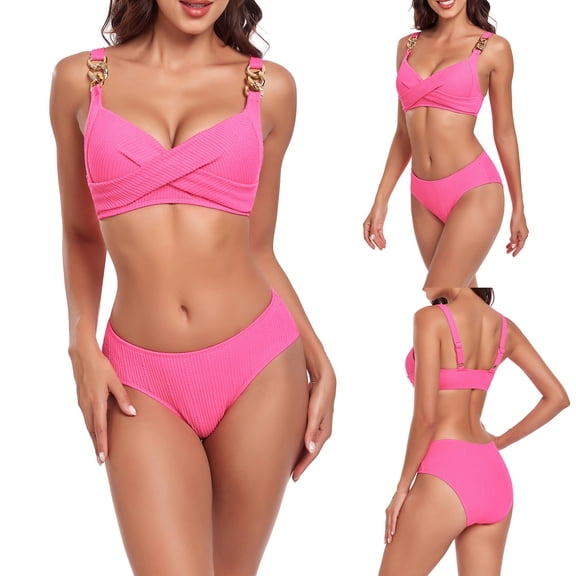 Sakmal Bikini Swimsuits Women Plus Size Plunge Swimwear Pink Summer Solid Bathing Suits for Women L