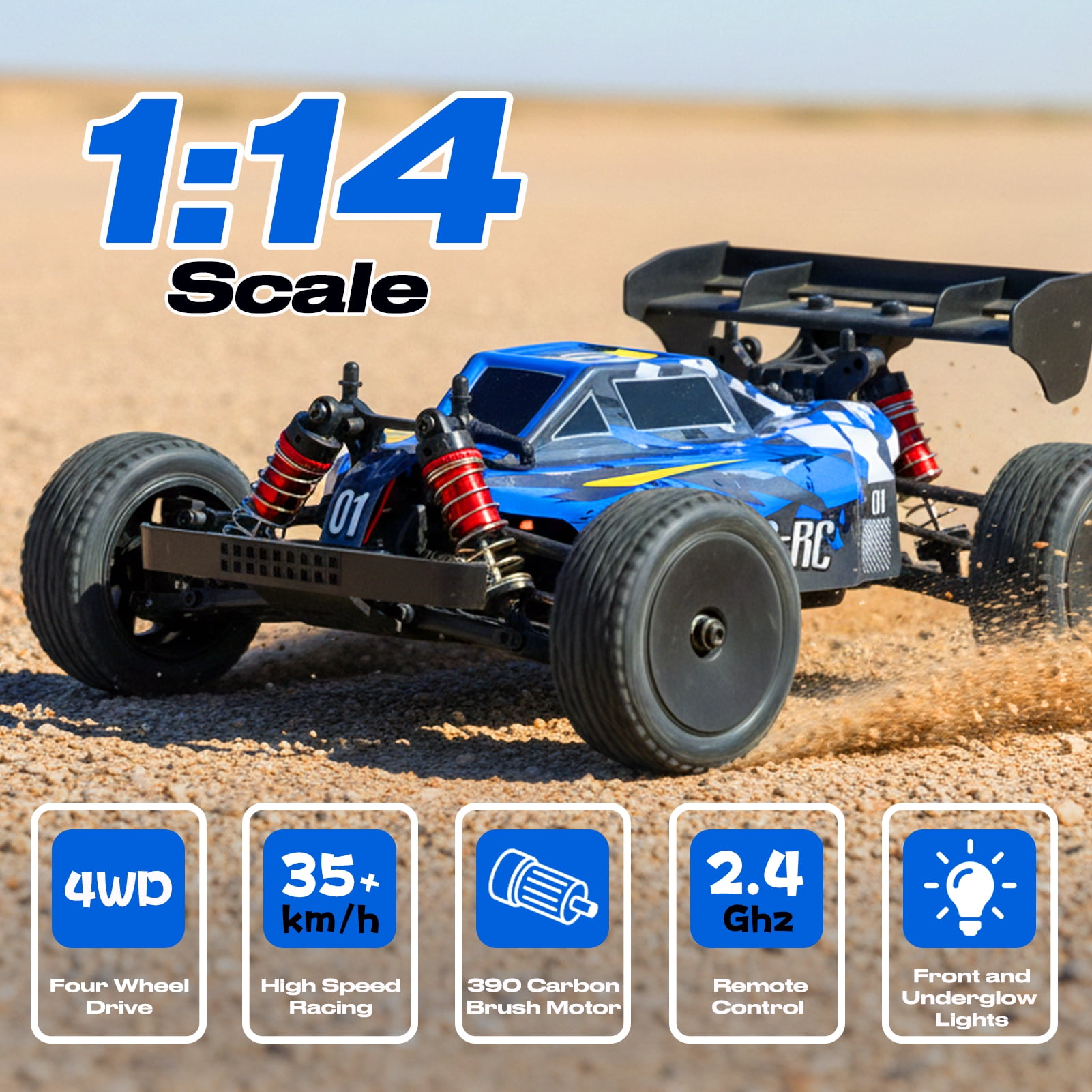 1:14 4WD RC Monster Truck, 35KM/H High Speed, Dual Batteries, Full Proportional Control, 7 LED Lights, All Terrain RC Car