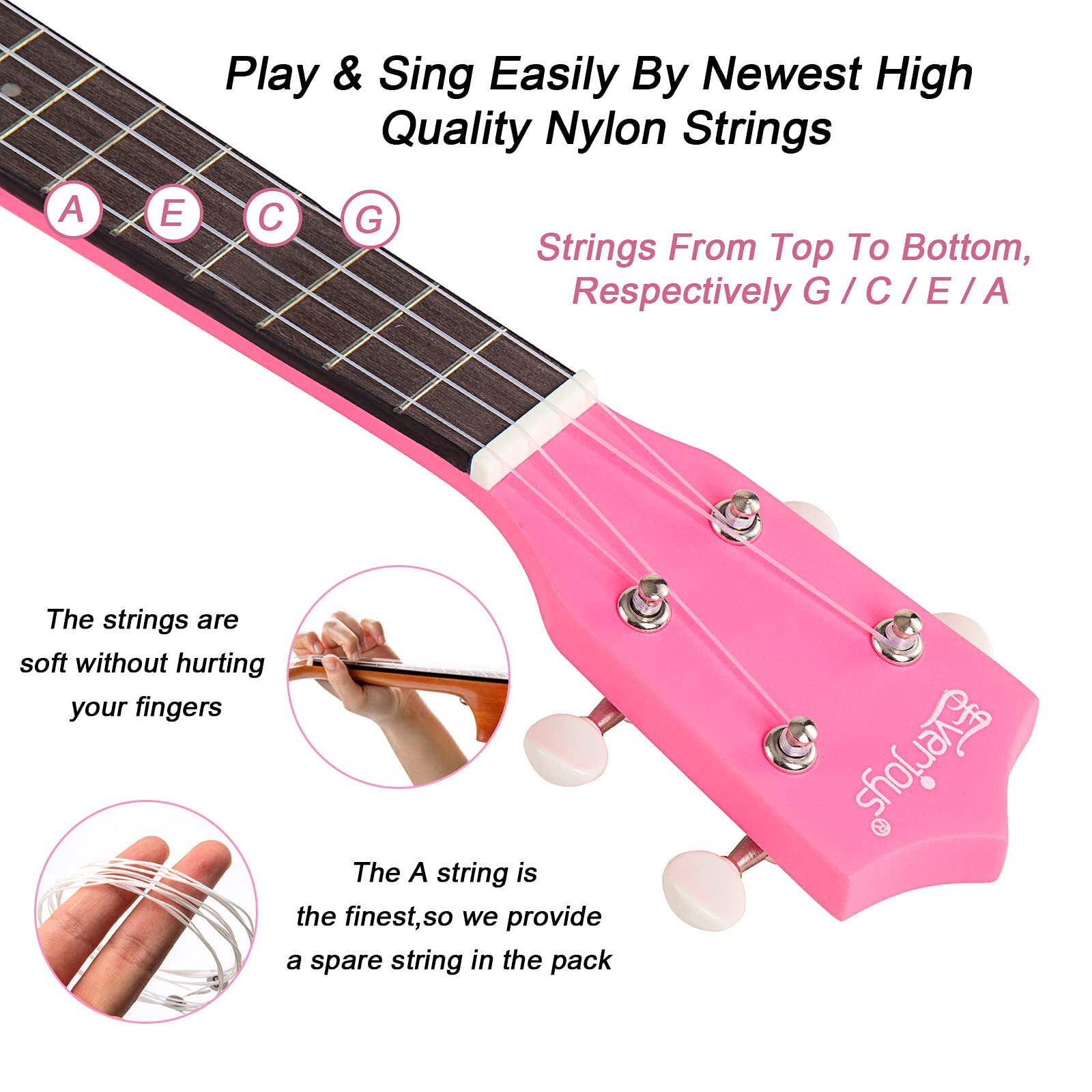 Everjoys 21in Soprano Ukulele Starter Kit Pink photo 2
