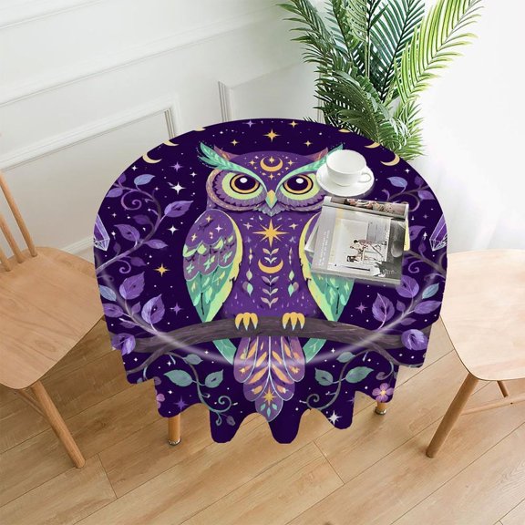 RKSupls 60 Inch Round Tablecloth, Cosmic Owl Moon Premium Polyester Straight Edge Wrinkle Resistant Washable Table Cover for Party Home Dining Decor